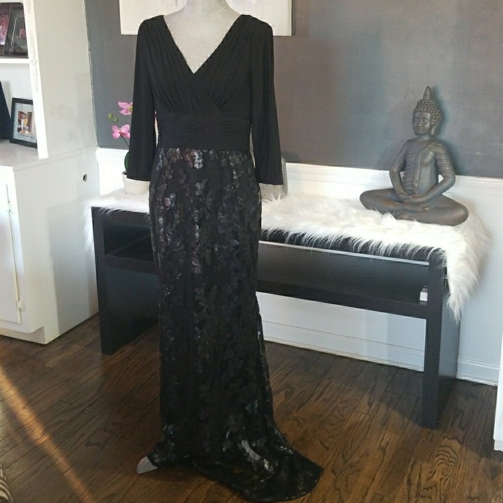 Adrianna Papell Long V-Neck Sequin Lace Gown